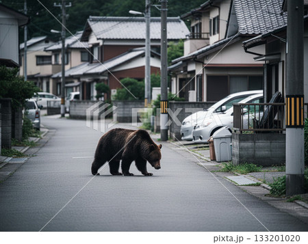 住宅地や郊外に出没するヒグマのイメージビジュアル(AI生成) 住宅地や郊外に出没するヒグマのイメージビジュアル(AI生成) 133201020