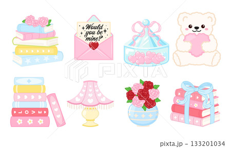 Cute pink pastel coquette Valentine book, letter, flower clipart 133201034