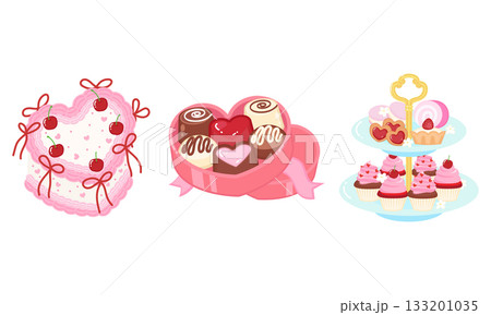 Cute Valentine sweet treats, cake, chocolate box, and high tea clipart 133201035