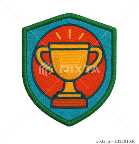 Colorful embroidered trophy patch symbol of success and achievement. This motivational award badge represents winner pride and accomplishment. modern design Colorful embroidered trophy patch symbol of success and achievement. This motivational award badge represents winner pride and accomplishment. modern design 133201036