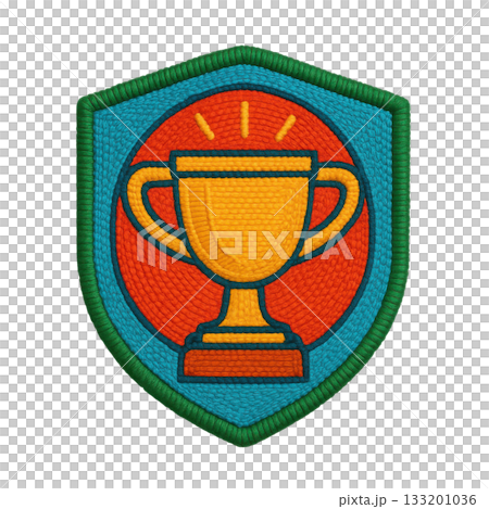 Colorful embroidered trophy patch symbol of success and achievement. This motivational award badge represents winner pride and accomplishment. modern design Colorful embroidered trophy patch symbol of success and achievement. This motivational award badge represents winner pride and accomplishment. modern design 133201036
