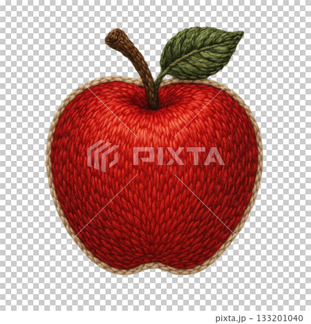 Charming red apple embroidered patch, piece of handmade sewing craft. This detailed thread and textile badge shows realistic and wholesome art for decoration 133201040