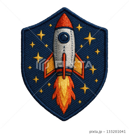 Adventurous rocket embroidered patch space badge design with vibrant thread. Realistic textile texture and detailed stitching show cool retro spaceship emblem on shield 133201041