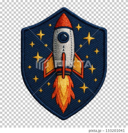 Adventurous rocket embroidered patch space badge design with vibrant thread. Realistic textile texture and detailed stitching show cool retro spaceship emblem on shield 133201041