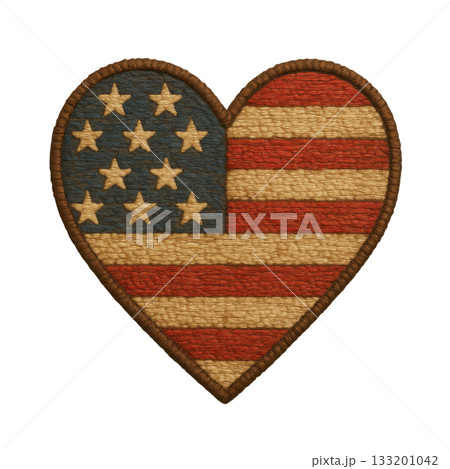 Rustic heart flag of USA, patriotic emblem with worn vintage craft texture. This nostalgic embroidery design expresses deep love and pride for country 133201042