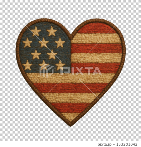 Rustic heart flag of USA, patriotic emblem with worn vintage craft texture. This nostalgic embroidery design expresses deep love and pride for country 133201042
