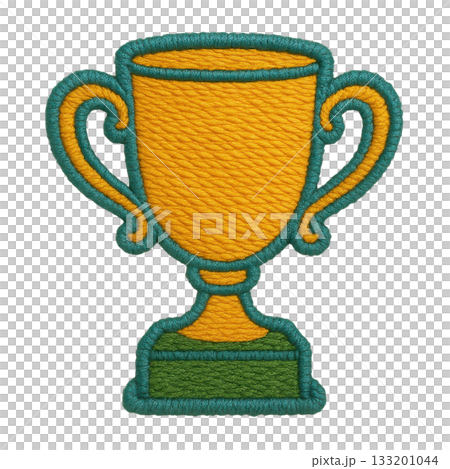 Colorful embroidery trophy patch award with detailed stitch work. This textile badge for student symbolizes pride of excellence and triumphant achievement in competition Colorful embroidery trophy patch award with detailed stitch work. This textile badge for student symbolizes pride of excellence and triumphant achievement in competition 133201044