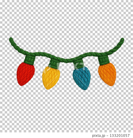 Cheerful embroidered patch of festive string christmas lights. colorful stitched design element isolated on background perfect for holiday decoration and craft project 133201057