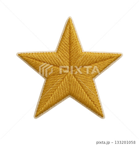 Golden embroidered star patch, festive christmas badge and holiday symbol. This beautiful decoration made with golden thread feels celebratory and honorable 133201058
