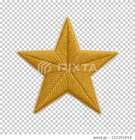 Golden embroidered star patch, festive christmas badge and holiday symbol. This beautiful decoration made with golden thread feels celebratory and honorable 133201058