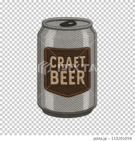 Cool craft beer can embroidered patch design. This modern brewery emblem has metallic thread texture, perfect for any apparel. Isolated object showing detail 133201059
