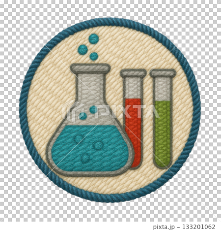 Colorful embroidered patch of chemistry flask and test tubes. This stitched science education icon represents curiosity and discovery in laboratory with intricate detail 133201062