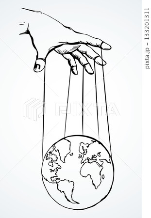 Man hand with a World map. Vector drawing concept Man hand with a World map. Vector drawing concept 133201311