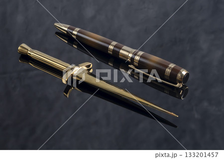 Fountain pen on a gray marble background. Boxed and unboxed. Selective focus. 133201457