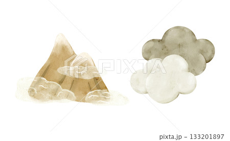 Foggy mountains with soft clouds. Watercolor isolated weather clipart. Set of meteorology and climate elements for kids lessons, preschool posters, educational worksheets, and learning materials. 133201897