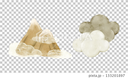 Foggy mountains with soft clouds. Watercolor isolated weather clipart. Set of meteorology and climate elements for kids lessons, preschool posters, educational worksheets, and learning materials. 133201897