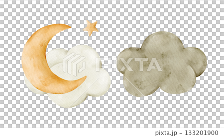 Moon, star, and fluffy clouds in night sky. Watercolor isolated weather clipart. Set of meteorology and climate elements for kids lessons, preschool posters, educational worksheets, learning material 133201900