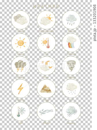 Weather icons poster with sun, rain, hail, snow, storm, tornado, fog, wind, rainbow, cloud, temperature signs. Watercolor educational clipart for preschool lesson, classroom decor, learning materials. 133201908