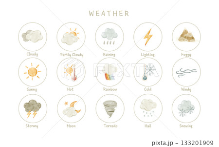 Weather icons with sun, hot, rain, cloud, fog, wind, cold, snow, hail, tornado, rainbow, lightning, moon, storm. Watercolor isolated clipart for kids lessons, educational worksheets, preschool poster. 133201909