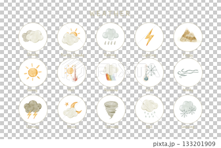 Weather icons with sun, hot, rain, cloud, fog, wind, cold, snow, hail, tornado, rainbow, lightning, moon, storm. Watercolor isolated clipart for kids lessons, educational worksheets, preschool poster. 133201909