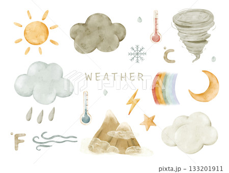 Set of watercolor weather elements: sun, clouds, rain, snow, wind, fog, tornado, lightning, rainbow, moon, star, hail, and temperature icons. Isolated clipart for kids lessons, worksheets, posters. Set of watercolor weather elements: sun, clouds, rain, snow, wind, fog, tornado, lightning, rainbow, moon, star, hail, and temperature icons. Isolated clipart for kids lessons, worksheets, posters. 133201911