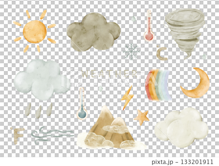 Set of watercolor weather elements: sun, clouds, rain, snow, wind, fog, tornado, lightning, rainbow, moon, star, hail, and temperature icons. Isolated clipart for kids lessons, worksheets, posters. 133201911