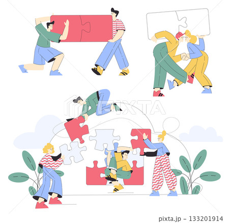 Jigsaw Puzzle with Man and Woman Connecting Element Together Vector Set 133201914