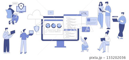 Programming with Man and Woman Character Working on Web and Application Development Vector Set 133202036