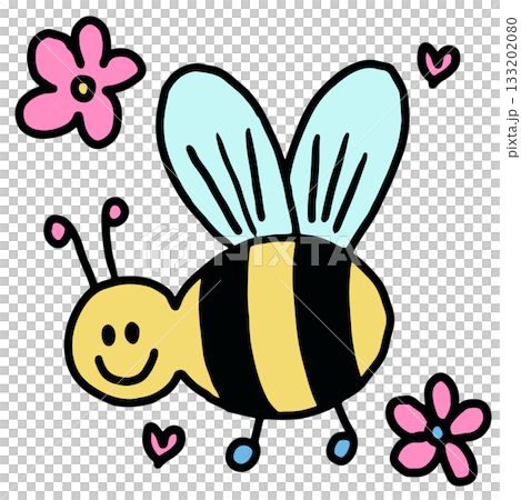 Hand drawn bee and flowers for animal, insect, decorations, spring, summer, picnic, park, home yard, stickers, tattoo, blossom, blooming, cute patch, fabric print, brooch, nature, garden, outdoors 133202080