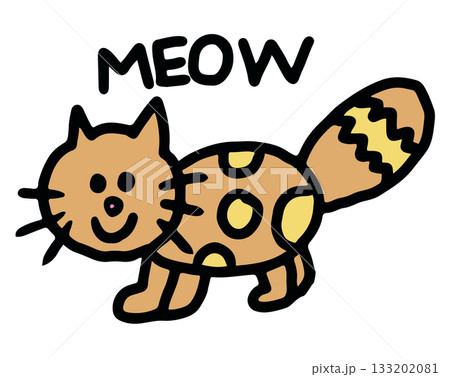 Illustration of cat and MEOW letters for cartoon characters, comic, pet shop, vet, emoji, emotion, emotion, adopt and rescue animal, sticker, icon, kitten body shape, foster home, plush toy, kid doll 133202081