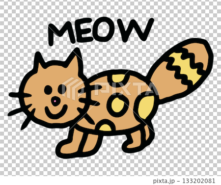 Illustration of cat and MEOW letters for cartoon characters, comic, pet shop, vet, emoji, emotion, emotion, adopt and rescue animal, sticker, icon, kitten body shape, foster home, plush toy, kid doll 133202081