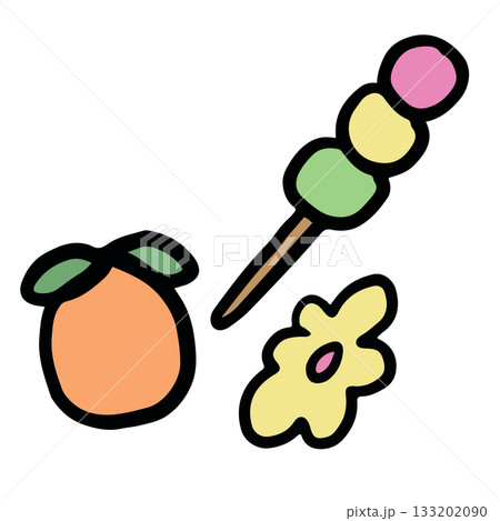 Hand drawn illustration of orange, dango, flower for decoration, fruit, vegan, grocery shopping, supermarket, ingredients, snack, cartoon, summer break, blossom, nature, garden, sticker, patch, brooch 133202090