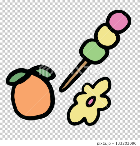 Hand drawn illustration of orange, dango, flower for decoration, fruit, vegan, grocery shopping, supermarket, ingredients, snack, cartoon, summer break, blossom, nature, garden, sticker, patch, brooch 133202090