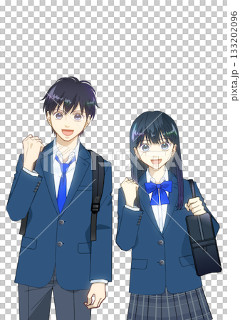 Anime-style illustration of smiling high school or junior high school students with backpacks and school bags, white background Anime-style illustration of smiling high school or junior high school students with backpacks and school bags, white background 133202096