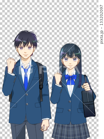 Anime-style illustration of a male and female high school or junior high school student with a positive expression and a backpack and school bag, white background Anime-style illustration of a male and female high school or junior high school student with a positive expression and a backpack and school bag, white background 133202097
