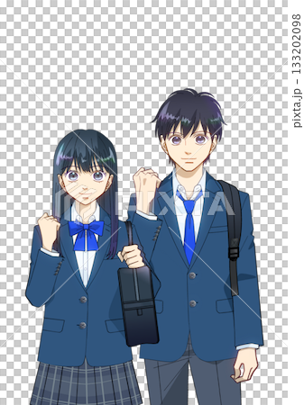 Anime-style illustration of a male and female high school or junior high school student with a positive expression and a backpack and school bag, white background Anime-style illustration of a male and female high school or junior high school student with a positive expression and a backpack and school bag, white background 133202098