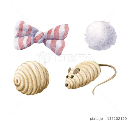 Cat toys watercolor illustration set isolated on white with fluffy and jute balls, mouse toy and bow in pastel beige colors. Pet goods clip art for game and home playing and pet shops supplies 133202130