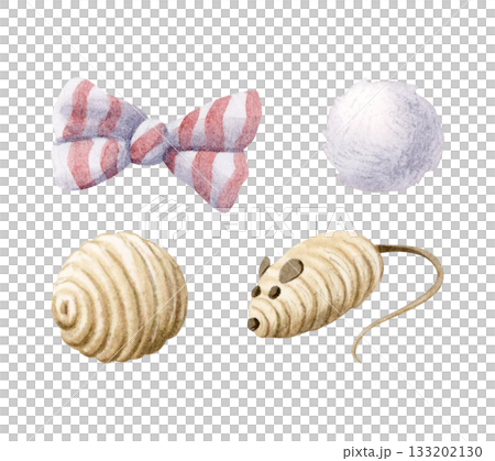 Cat toys watercolor illustration set isolated on white with fluffy and jute balls, mouse toy and bow in pastel beige colors. Pet goods clip art for game and home playing and pet shops supplies 133202130