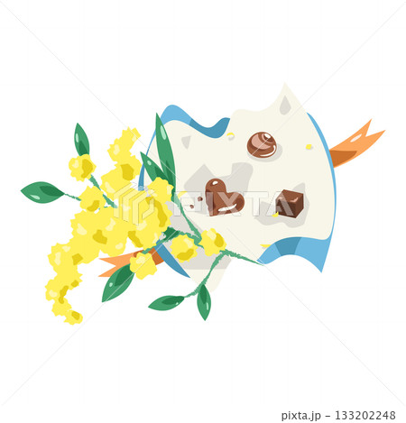 ミモザの花と包み紙のチョコレートのイラスト 133202248