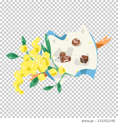 ミモザの花と包み紙のチョコレートのイラスト 133202248