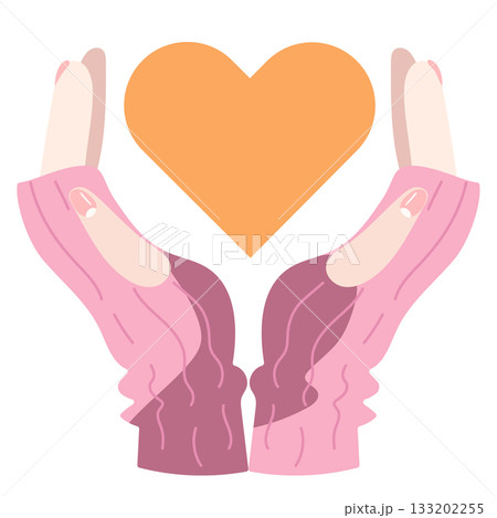 ピンクのニット袖の手でオレンジのハートを包むイラスト 133202255