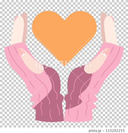 ピンクのニット袖の手でオレンジのハートを包むイラスト 133202255