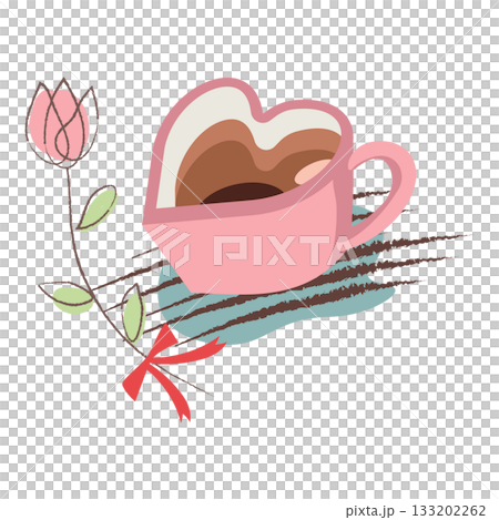 Heart-shaped cup of coffee and pink flowers illustration 133202262