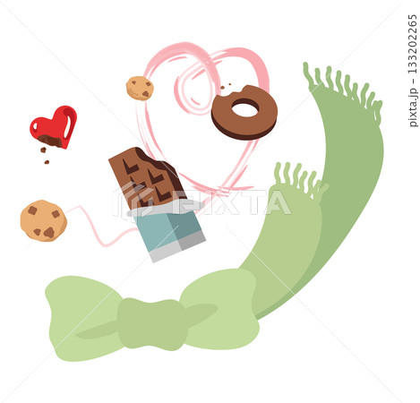 ハートラインとスイーツ、グリーンマフラーのイラスト 133202265