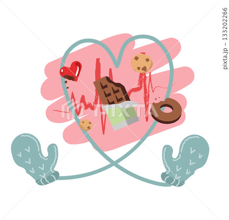 ハートフレームとスイーツ、心電図ラインのイラスト 133202266