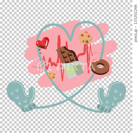 ハートフレームとスイーツ、心電図ラインのイラスト 133202266