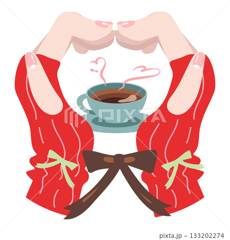ハートポーズの手で温かいコーヒーカップを囲むイラスト 133202274