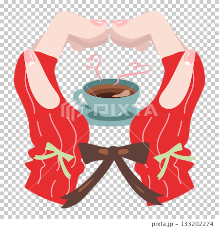 ハートポーズの手で温かいコーヒーカップを囲むイラスト 133202274