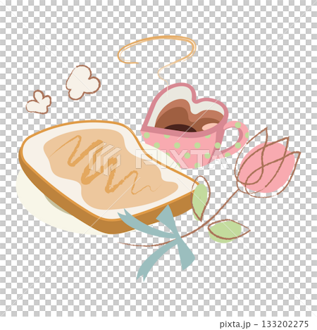 早餐插圖:心形馬克杯和熱氣騰騰的吐司 早餐插圖:心形馬克杯和熱氣騰騰的吐司 133202275