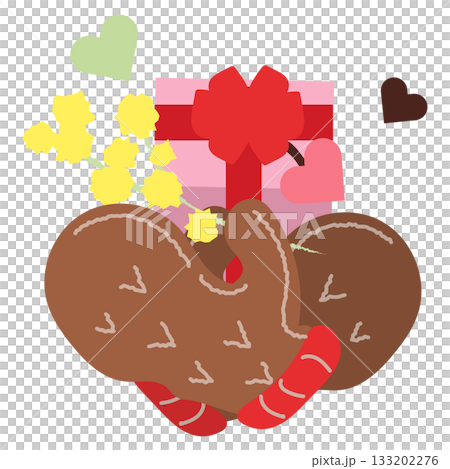 Illustration of a woman holding a gift box and mimosa in mittens Illustration of a woman holding a gift box and mimosa in mittens 133202276